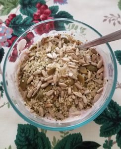 Coconut and Seeds Added to Yogurt Blueberries